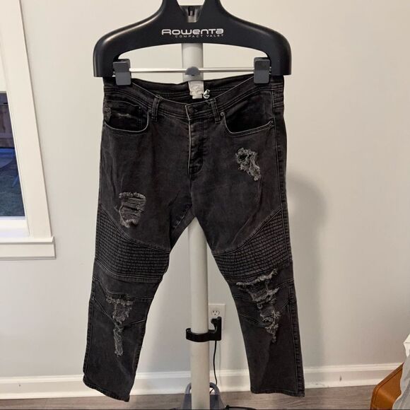 Gap + Stampd + GQ Size 33x30 Mens Black Moto Distressed Black Denim Jeans Button - Picture 3 of 9